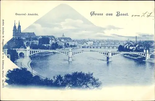 Ak Bâle Basel Stadt Schweiz, General-Ansicht, Brücke, Fluss, Kirche