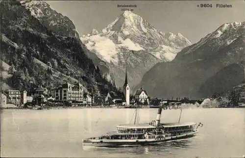 Ak Flüelen Kanton Uri Schweiz, Ortsansicht vom See aus, Dampfschiff, Brietenstock, Gebirgspanorama