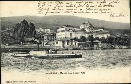 Ak Neuchâtel Neuenburg Stadt, Musee des Beaux Arts, Uferansicht, Dampfschiff