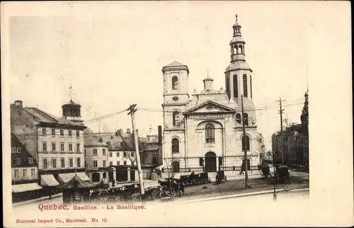 Ak Québec Kanada, Basilica, Kirche, Außenansicht, Pferdekutschen