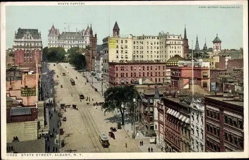 Ak Albany New York USA, State Street, State Capitol, Panorama, Straßenbahnen