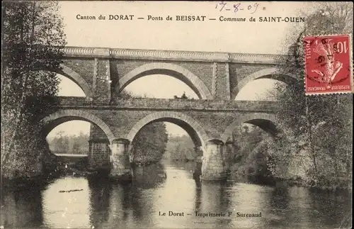 Ak Saint Ouen Haute Vienne, vue générale du Pont de Beissat, doppelstöckige Brücke