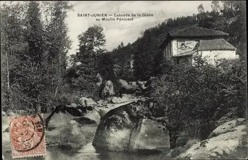 Ak Saint Junien Haute Vienne, Cascade de la Glane au Moulin Penicaut, Bach