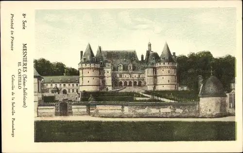 Ak Mesnieres en Bray Seine Maritime, El Castillo, Burganlage mit Garten, Panorama