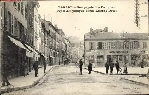 Ak Tarare Rhône, Compagnie des Pompiers, Dépot des pomps et rue Etienne Dolet
