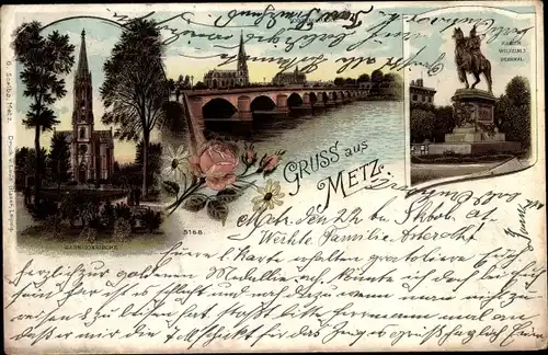 Litho Metz Moselle, Kaiser Wilhelm Denkmal, Garnisonkirche, Brücke
