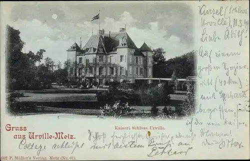 Mondschein Ak Courcelles Chaussy Kurzel Lothringen Moselle, Schloss Urville bei Nacht