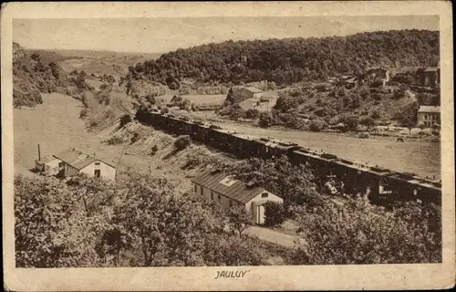 Ak Jaulny Meurthe-et-Moselle, Lokomotive, Häuser, Wald