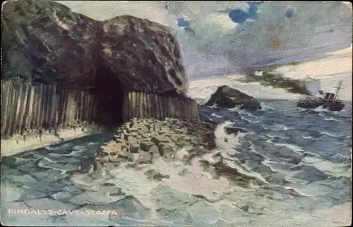 Ak Fingals Cave Staffa Schottland, Panorama, Schiff