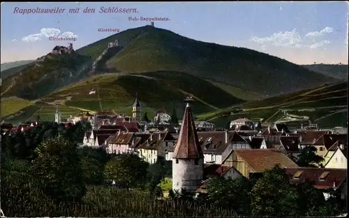Ak Ribeauvillé Rappoltsweiler Elsaß Haut Rhin, Blick auf den Ort mit den Schlössern