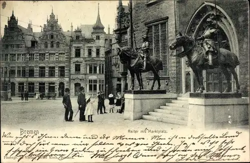 Ak Hansestadt Bremen, Reiterstatuen, Marktplatz, Passanten