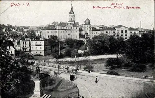 Ak Greiz im Vogtland, Blick auf Residenzschloss, Kirche und Gymnasium