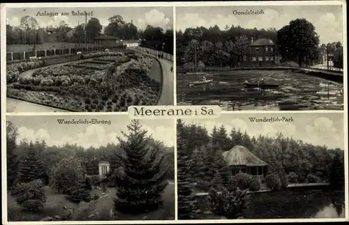 Ak Meerane, Wunderlich Ehrung und Park, Bahnhofsanlagen, Gondelteich