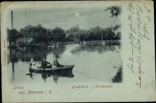 Mondschein Ak Meerane in Sachsen, Ruderpartie auf dem Gondelteich, Kirchenholz