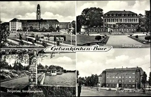 Ak Buer Gelsenkirchen im Ruhrgebiet, Schloss Berge, Rathaus und Autobusbahnhof, Post, Bergersee