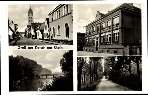 Ak Ketsch am Rhein, Straße, Ort, See, Brücke, Kirche