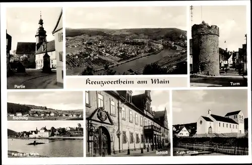 Ak Kreuzwertheim in Unterfranken, Turm, Katholische Kirche, Schloss, Siedlung, Partie am Main