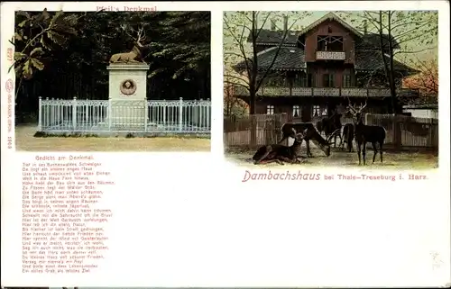 Ak Thale Treseburg im Harz, Dambachhaus, Rehe, Gedicht