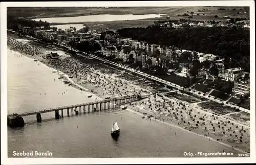 Ak Ostseebad Bansin Heringsdorf auf Usedom, Fliegeraufnahme, Strand, Hotels, Seebrücke
