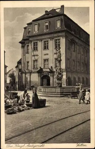 Ak Zittau Sachsen, Das königliche Amtsgericht, Brunnen, Verkaufsstände