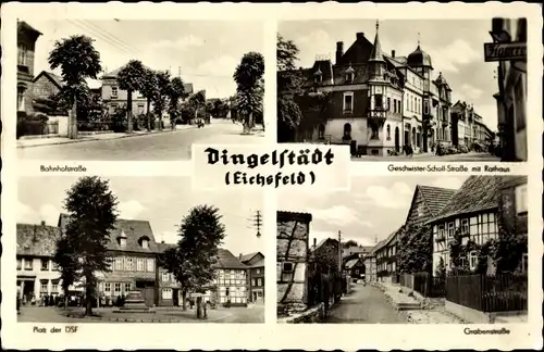 Ak Dingelstädt in Thüringen, Bahnhofstraße, Grabenstraße, Platz der DSF, Rathaus
