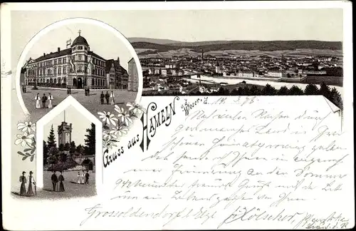 Litho Hameln in Niedersachsen, Stadtpanorama, Aussichtsturm, Passanten, Gebäude