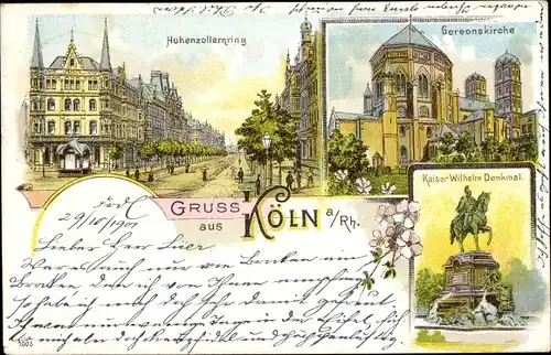 Litho Köln am Rhein, Hohenzollernring, Gereonskirche, Kaiser Wilhelm Denkmal