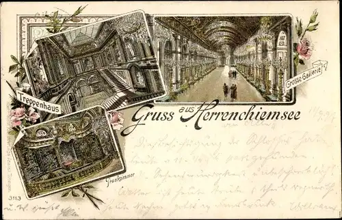 Litho Herrenchiemsee Chiemsee Oberbayern, Große Galerie, Treppenhaus, Prunkzimmer