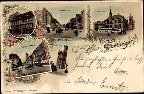 Litho Göttingen in Niedersachsen, Rathaus, alte Fink, Weenderstraße, Bismarckturm