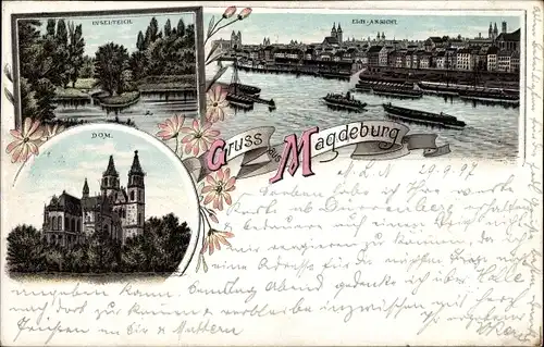 Litho Magdeburg in Sachsen Anhalt, Dom, Elbansicht, Inselteich