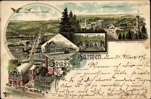 Litho Barmen Wuppertal, Barmer Anlagen und Bergbahn, Bahnhof Tölleturm, Ringeldenkmal