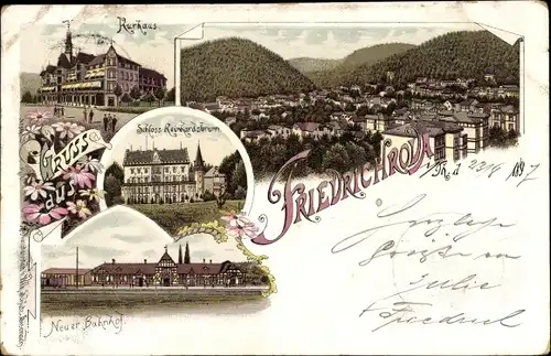 Litho Friedrichroda, Kurhaus, Panorama, Schloss Reinhardsbrunn, Neuer Bahnhof