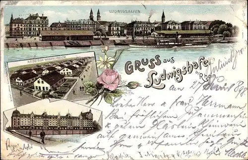 Litho Ludwigshafen am Rhein, Panorama, Arbeiter Wohnungen, Lagerhaus