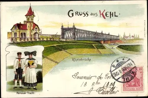 Litho Kehl am Rhein, Rheinbrücke, Hanauer Tracht