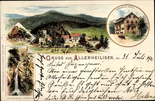 Litho Oppenau im Ortenaukreis, Gruß aus Allerheiligen, Wasserfallhotel, Klosterhotel