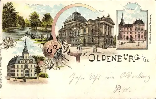 Litho Oldenburg im Großherzogtum Oldenburg, Schlossgarten, Theater, Rathaus, Schloss