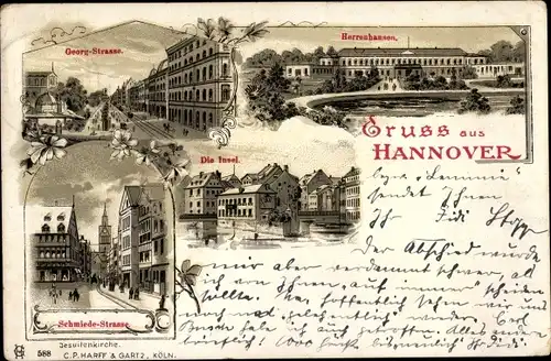 Litho Hannover in Niedersachsen, Georg Straße, Herrenhausen, die Insel, Schmiede Straße