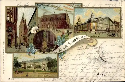 Litho Hannover in Niedersachsen, Altstadt, Markt, Kirche, Leineschloss, Markthalle, altes Rathaus