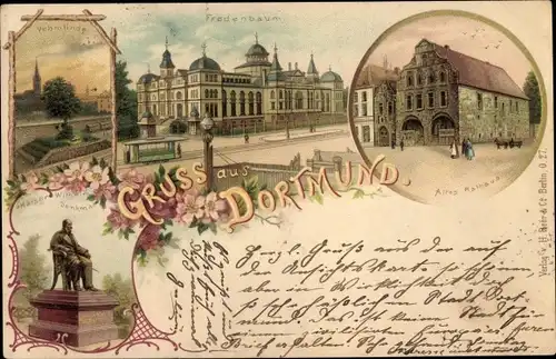 Litho Dortmund im Ruhrgebiet, Fredenbaum, Rathaus, Kaiser Wilhelm Denkmal