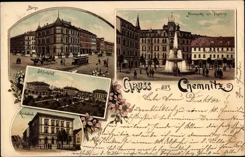 Litho Chemnitz in Sachsen, Börse, Schlachthof, Reichsbank, Neumarkt mit Fontaine