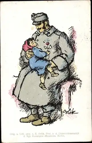 Künstler Ak Orlik, E., Soldat mit Kind, Rose, Verein für Kindervolksküchen, Kriegsflüchtlinge