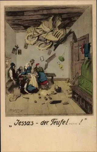 Künstler Ak Schilling, C., Verkehrsunfall, Abgestürztes Flugzeug, Bauernstube, Jessas, der Teufel