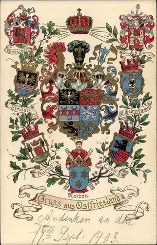 Wappen Ak Gruß aus Ostfriesland, Landschaft, Emden, Aurich, Norden, Esens, Wilhelmshaven, Leer