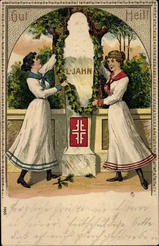 Präge Litho Frauen schmücken Jahns Denkmal, Turnerkreuz