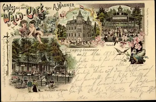 Litho Connewitz Leipzig in Sachsen, Wald-Cafe, Waldhaus mit Estrade, Rotunde