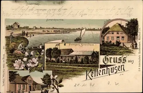 Litho Ostseebad Kellenhusen in Holstein, Stadtpark, Strandpartie, Schule, Petersens Strandhaus