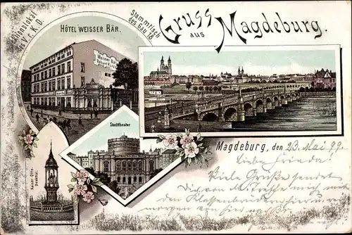 Litho Magdeburg in Sachsen Anhalt, Hotel Weißer Bär, Bes. Robert Kunze, Kaiser Otto Denkmal, Theater