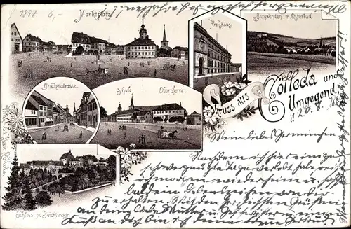 Litho Cölleda Kölleda in Thüringen, Marktplatz, Schule, Kreishaus, Schloss