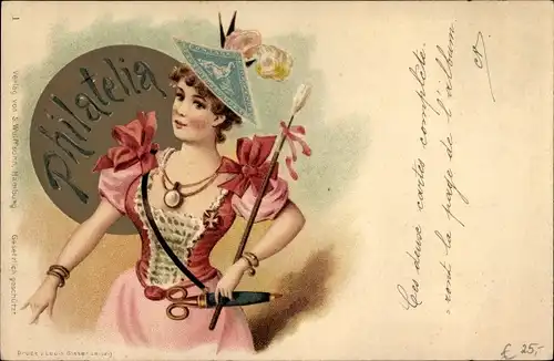 Litho Portrait einer Frau, Philatelia, Briefmarke, Schere, Halskette