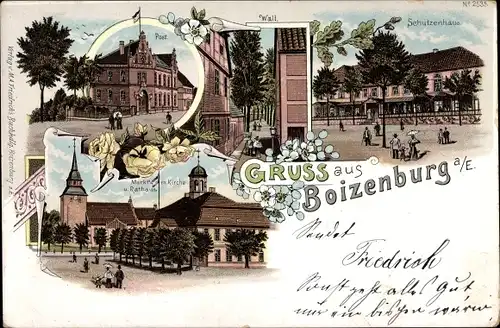 Litho Boizenburg an der Elbe, Schützenhaus, Markt, Kirche, Rathaus, Wall